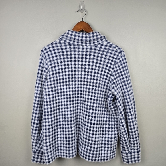 MAX STUDIO Fuzzy Cardigan Sweater Blue White Gingham Womens Size M Old Money - Picture 5 of 11